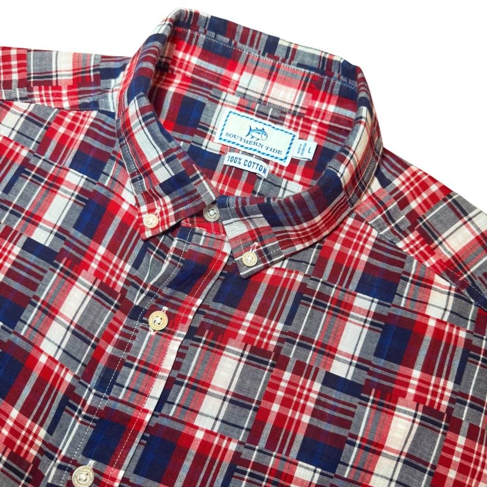 Southern Tide Mens L Red White Blue Patchwork Shirt Plaid Short Sleeve Button Up